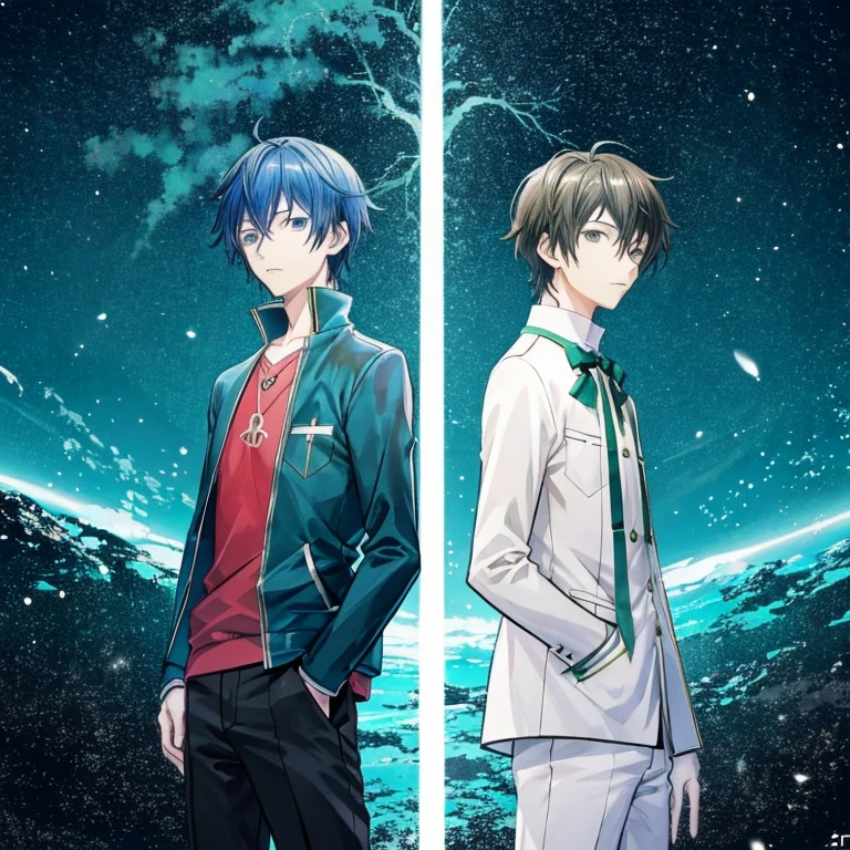 Anime characters standing next to each other in front of a tree, Inspired by Munakata Shikou, Makoto Shinkai and (Cain Koga), ( ( ( Yoshinari ) ) ), Akihiko Inoue and Ross Tran, Manga cover style, manga cover, Ethereal anime, 2 0 2 1 anime, com.zerochan, Two handsome cartoon men