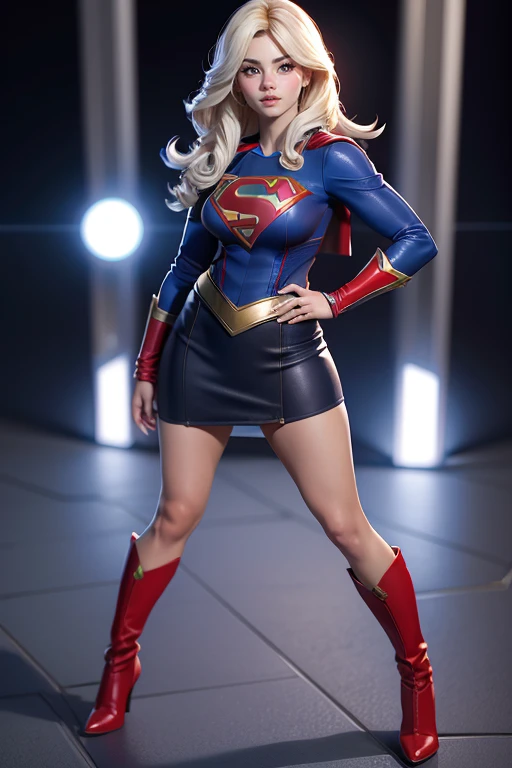 sexy Supergirl cabello largo y rubio y ojos azules, diadema negra, top corto blanco, mangas cortas, capa roja, blue pencil skirt, botas rojas, guantes blancos