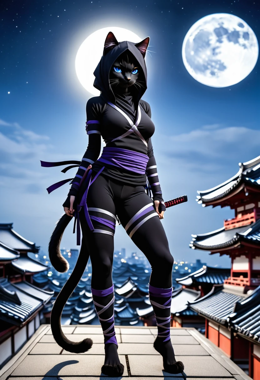 anthropomorphic female black cat 닌자, 닌자 big cat, 암살자, mk 닌자, 닌자 outfit, 닌자, mystic 닌자, 파란 눈, 카노 호가이에게서 영감을 받은 작품, 쿠노이치, 인물 사진, goth 닌자, epic 닌자 suit, matte black cloth 닌자 suit, 극적인 포즈, 사원 옥상에서, 달빛 속에서, 아래에서보기 올려다 보니, 사실적인, UHD,