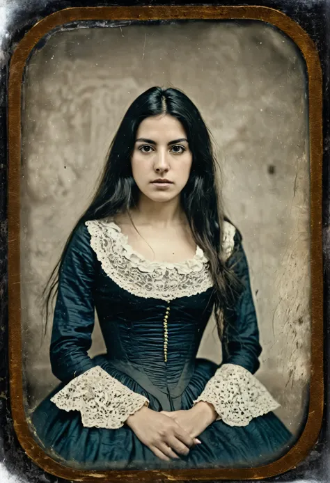 (daguerreotype photo)), medium shot, high resolution of 1 beautiful young Spanish woman, long hair, antique clothing, victorian ...