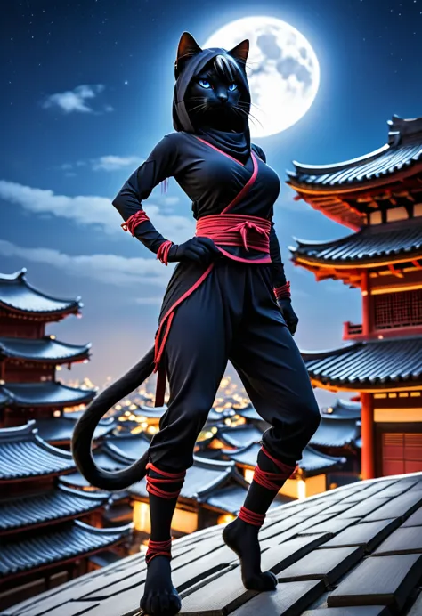 anthropomorphic female black cat ninja, ninja big cat, assassin, mk ninja, ninja outfit, ninja, mystic ninja, blue eyes, portrai...