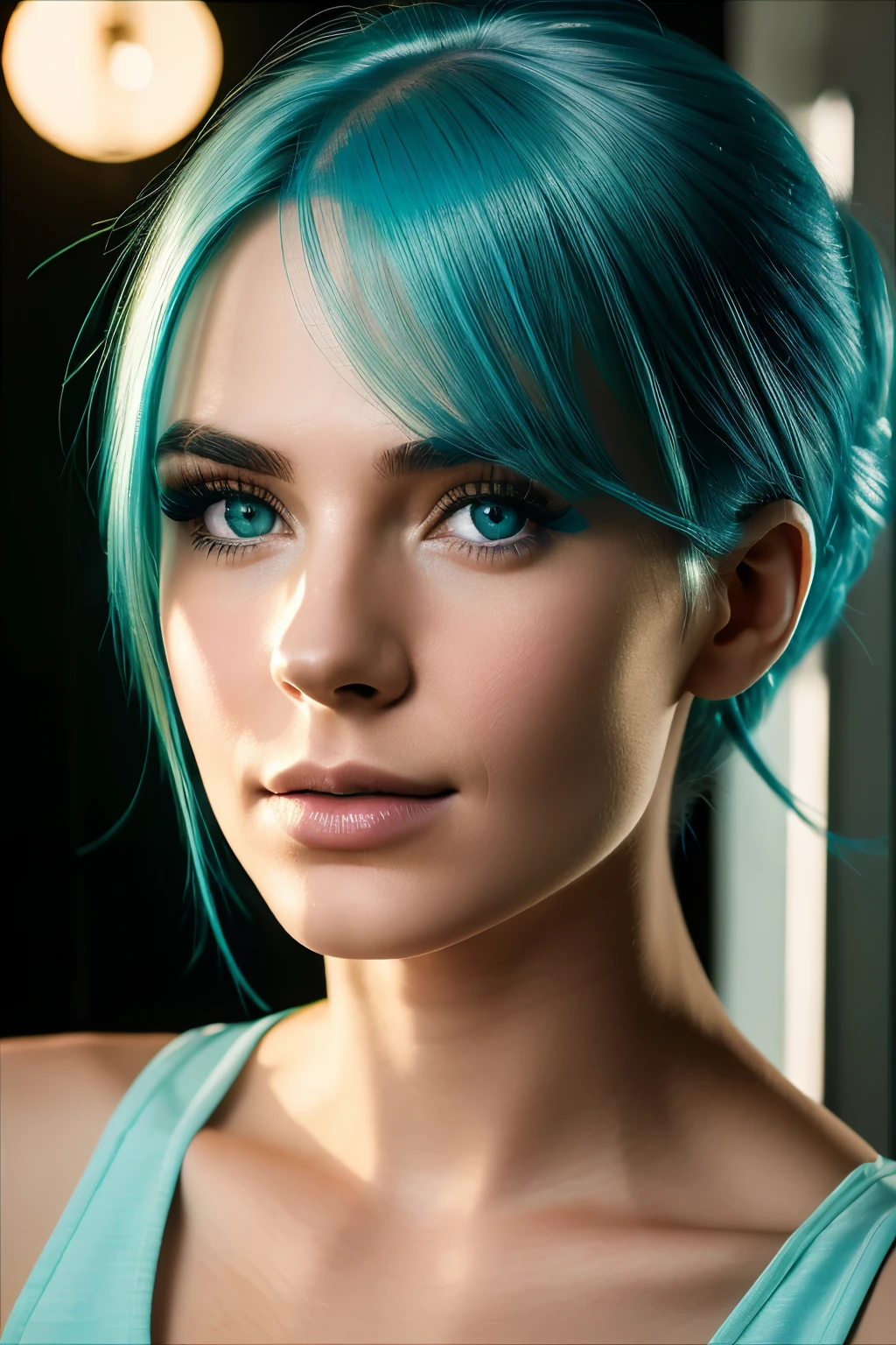 portrait of 25 year-old woman, blue hair, green eyes, clear facial featues, cinematic, 35mm Lena,f/1.8, accents lighting, global illumination -- uplight --v4