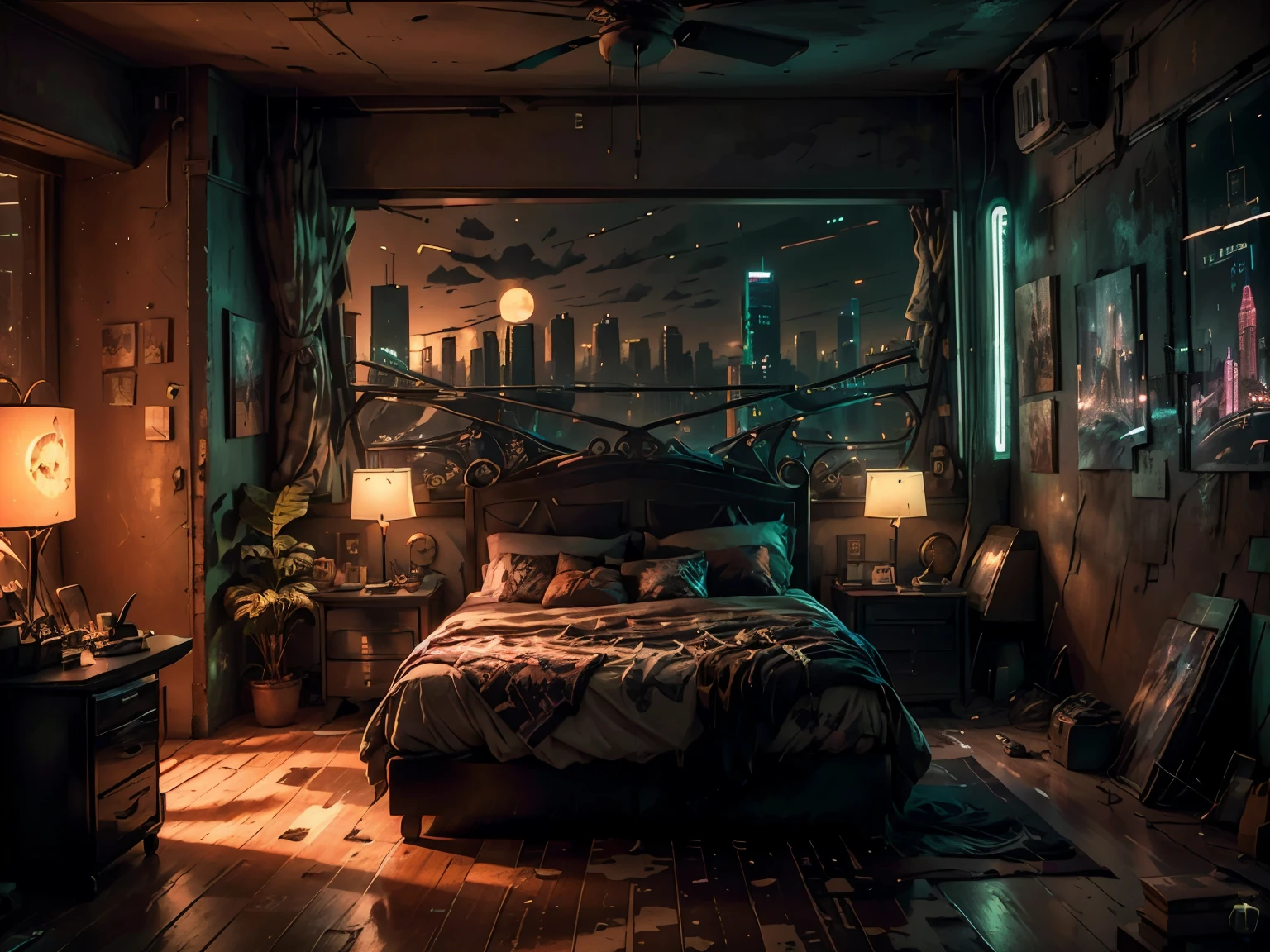 This a (((masterpiece))). Generate a cozy bedroom with a large window directly in front of the camera. The bedroom should be cool and peaceful, with retro furnishings and accessories. Through the window is brilliant cyberpunk city awash with neon light and blinking, colorful signs. It is nighttime, and the city is much brighter than the interior of the room. Contrast the peaceful interior of the bedroom with the busy, ultra-detailed cityscape seen through the window. The perspective of this artwork is from inside the bedroom looking out. 