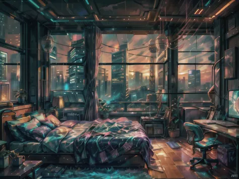 This a (((masterpiece))). Generate a cozy bedroom with a large window directly in front of the camera. The bedroom should be coo...