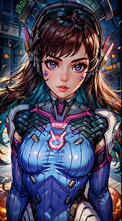 a girl ,from knee shot,cosplaying dva from the game overwatch, with a halloween background. the portrait is of the highest quali...