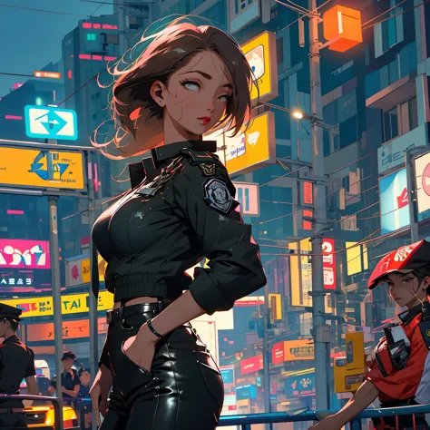 a female cop in a very eye-catching, sexy uniform patrols the streets of bangkok at night, exuding confidence and friendliness. ...