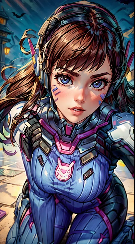 a girl ,from knee shot,cosplaying dva from the game overwatch, with a halloween background. the portrait is of the highest quali...