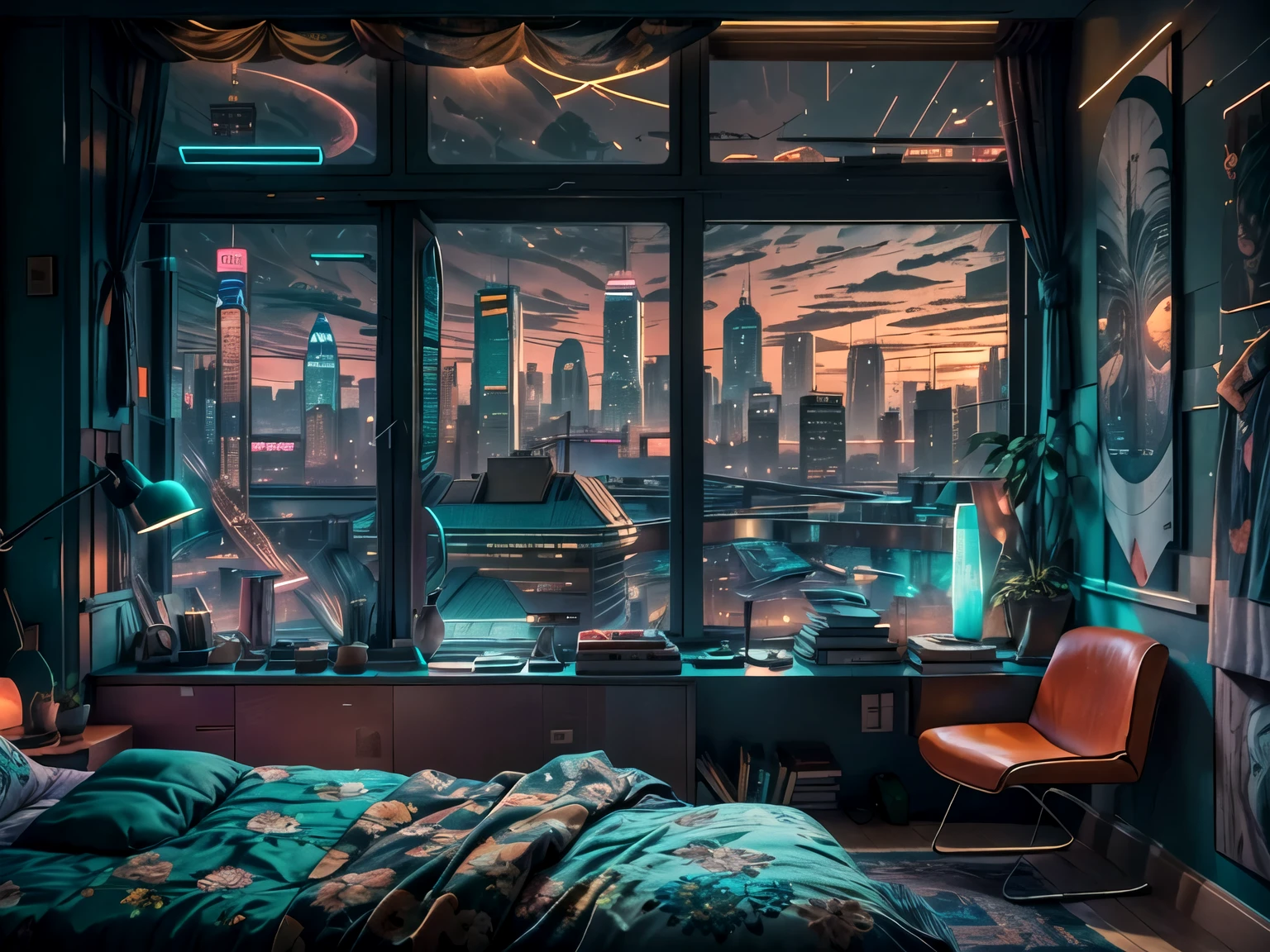 This a (((masterpiece))). Generate a cozy bedroom with a large window directly in front of the camera. The bedroom should be cool and peaceful, with retro furnishings and accessories. Through the window is brilliant cyberpunk city awash with neon light and blinking, colorful signs. It is nighttime, and the city is much brighter than the interior of the room. Contrast the peaceful interior of the bedroom with the busy, ultra-detailed cityscape seen through the window. The perspective of this artwork is from inside the bedroom looking out. 