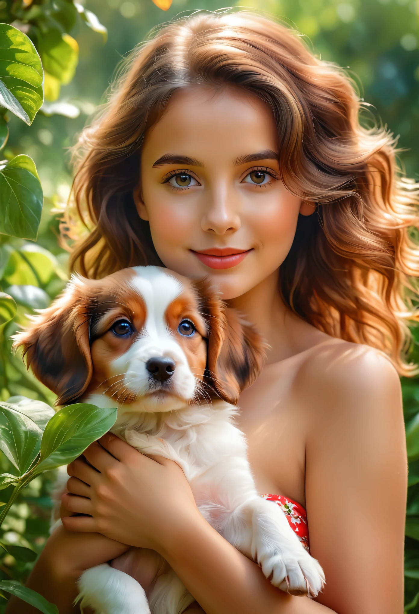 (top quality, 4k, 8K, a high resolution, masterpiece:1.2), very detailed, (realistic, photorealistic, photo-realistic:1.37), realistic,Portraits, beautiful NUDIST girl, holding kooikerhondje, paintings, soft strokes, Bright colors, garden background, detailed girl eyes, detailed girl lips, peaceful expression, little red bikini, figure, Tender smile, natural sunlight, lush greenery, playful puppy, Wavy hair, subtle shadows, fine features, captivating look, Sunlight penetrates through the trees, Botanical elements, Floral patterns, sweet connection, Bright and cheerful atmosphere, Innocent charm, loving bond between girl and puppy,accurate depiction of Kooikerhondje&#39;s appearance, Tender interaction,three-dimensional and realistic presentation,capture the emotional connection between people and animals, positive and emotional emotions, Impeccable attention to detail,carefully composed composition, realistic fur texture and color rendering, Subtle highlights and shading, Impressionistic style of painting, ethereal and dreamlike quality, blond hair, 16 years