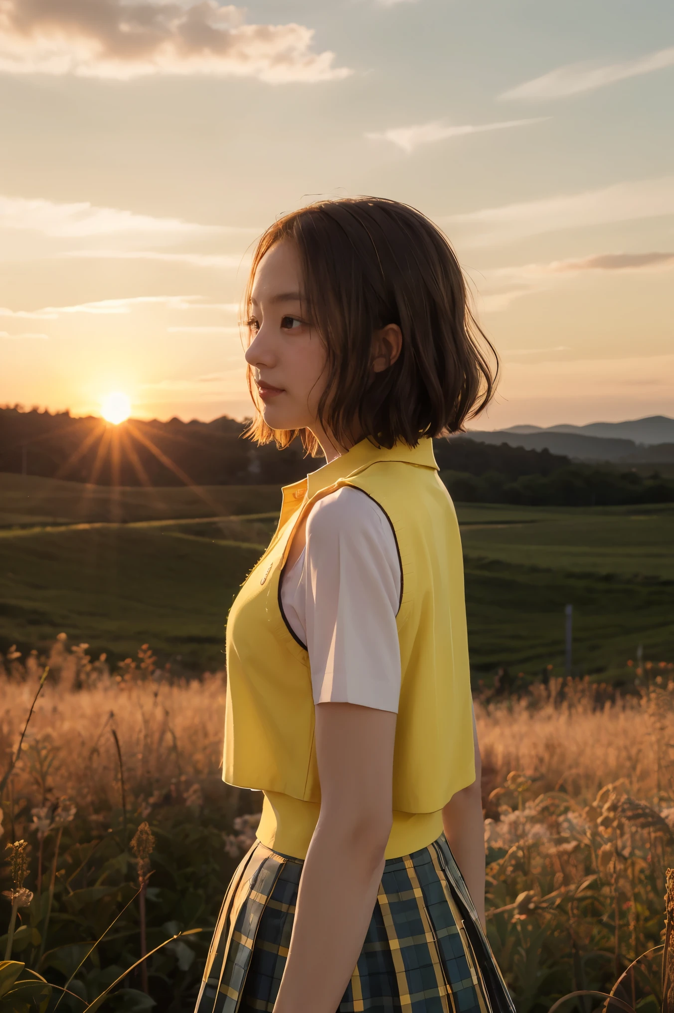 masterpiece, best quality, highres, 1girl, solo, short hair, brown hair, brown eyes, breasts, collarbone, , collared shirt, white shirt, sweater vest, (yellow vest:1.1), short sleeves, plaid skirt, green skirt, from side, wind, field, sunset, standing