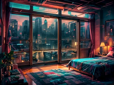 This a (((masterpiece))). Generate a cozy bedroom with a large window directly in front of the camera. The bedroom should be coo...