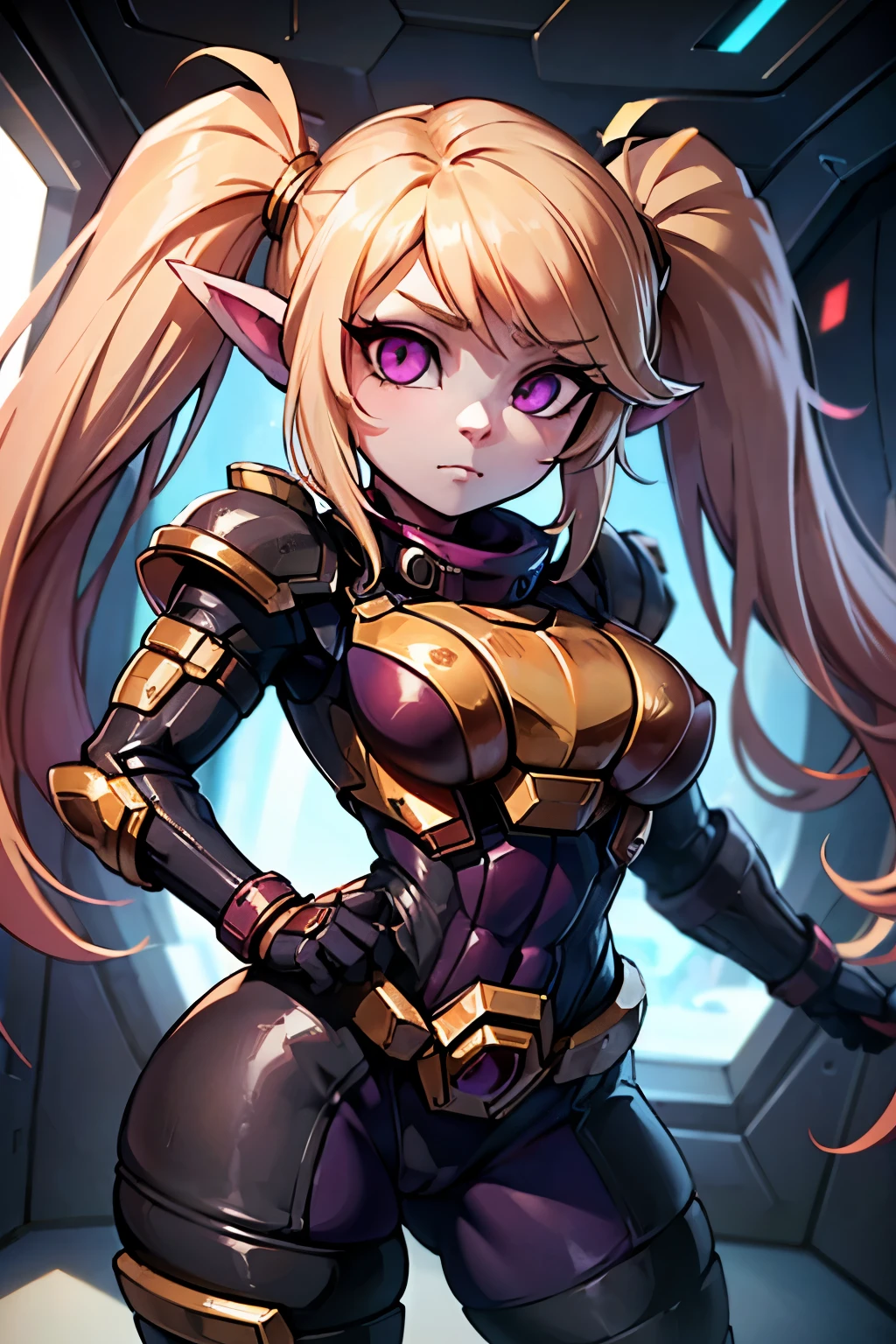 highly detailed,best quality,photography,Poppy from LoL,absurdres, beautiful face,(detailed eyes,deep eyes),1woman,blonde hair,twintails,magenta eyes,short,wide hips,curvy,toned muscles,(n7armor),inside a spaceship