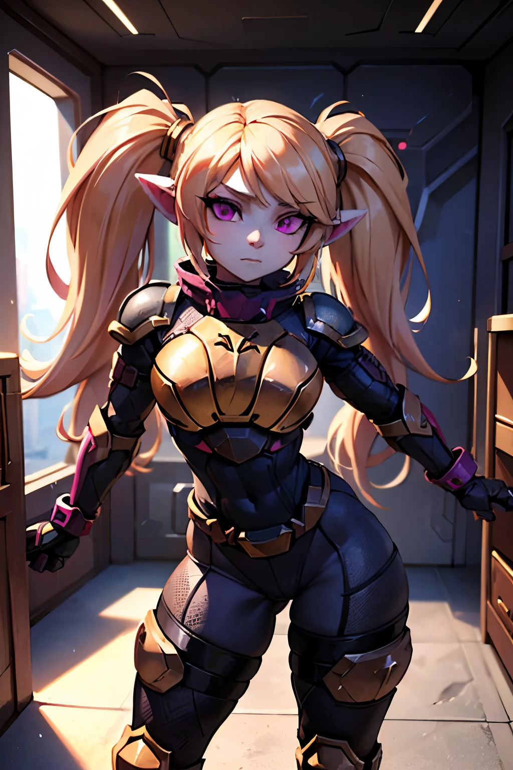 highly detailed,best quality,photography,Poppy from LoL,absurdres, beautiful face,(detailed eyes,deep eyes),1woman,blonde hair,twintails,magenta eyes,short,wide hips,curvy,toned muscles,(n7armor),inside a spaceship