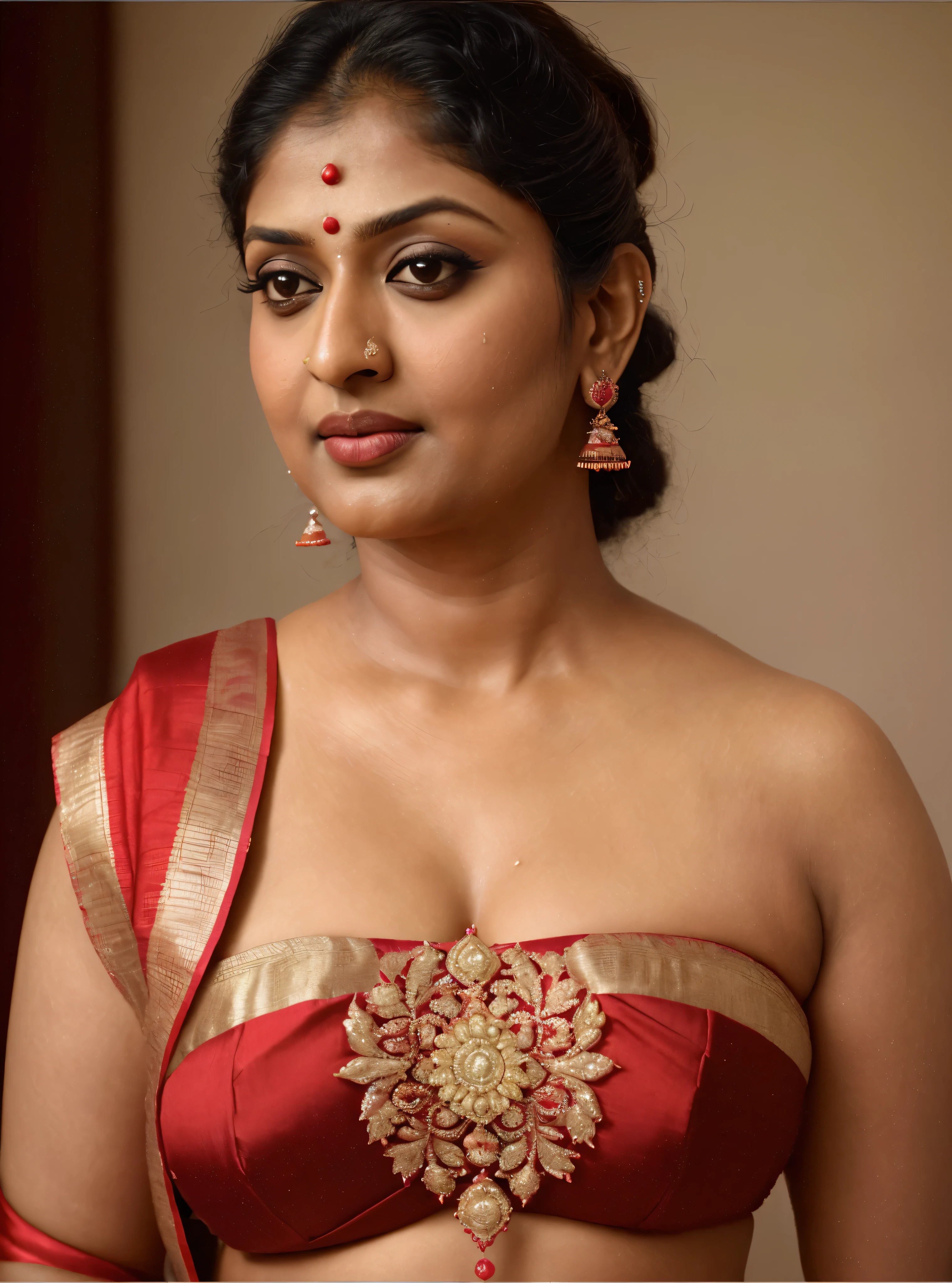 Anusha hot cleavage photos in red sari - SeaArt AI