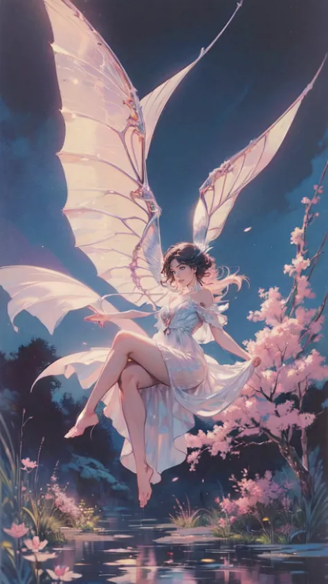 ((best quality)), ((masterpiece)), (detailed), ethereal beauty, perched on a pink blossom tree, (fantasy illustration:1.3), ench...