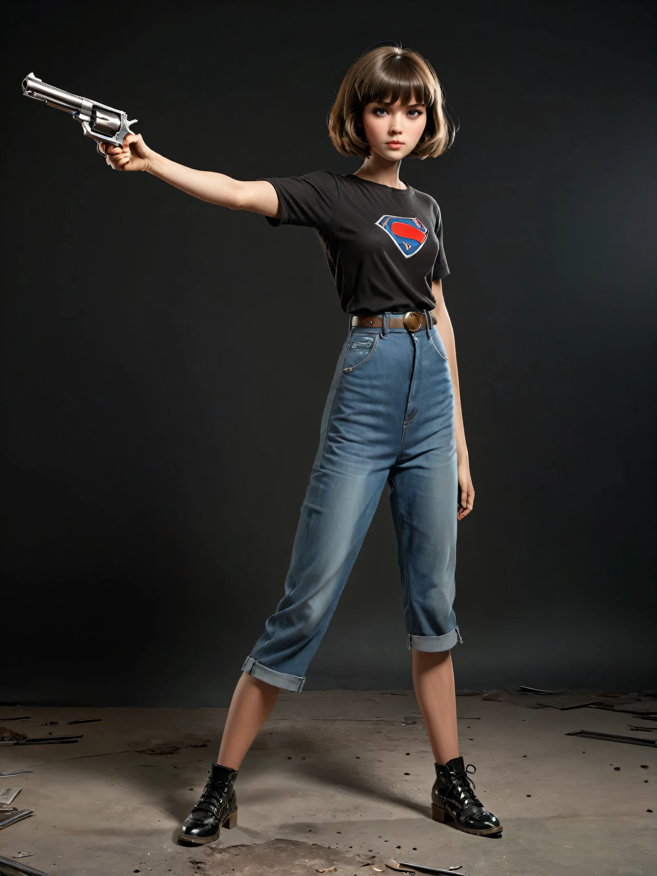 girl with a 44 magnum held in her hands, 1 girl standing, short hair with bangs (full body: 1.5), hero pose, exaggerated proportions, complex character design, feeling of nostalgia, exaggerated features, memorable appearance, consistent , coherent, captivating, (clear eyes: 1.2), (highly detailed eyes: 1.2), highly detailed hands, detailed floor, textured punch, dusty floor, intricate shoes, masterpiece, intricate, comic book rendering, illustration, 2d character, flat rendering, outline, masterpiece, intricate, (simple background, black background: 1.5), rim lighting, dim light