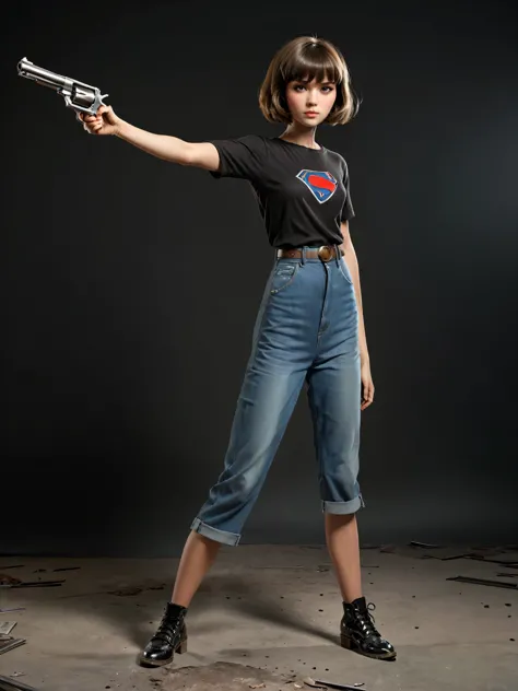 girl with a 44 magnum held in her hands, 1 girl standing, short hair with bangs (full body: 1.5), hero pose, exaggerated proport...