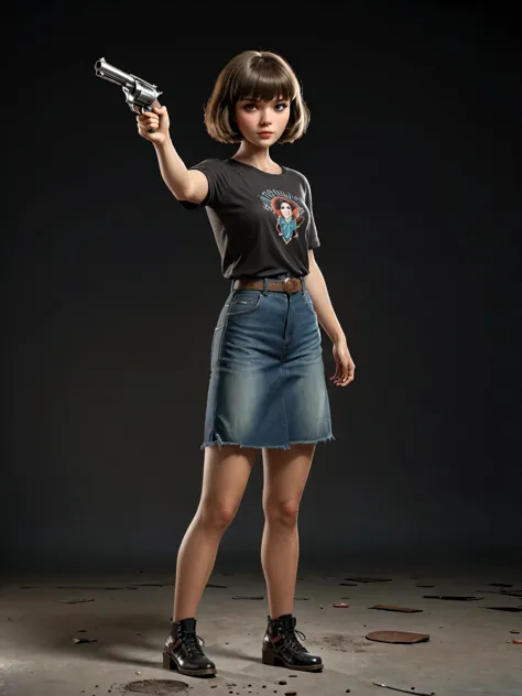 girl with a 44 magnum held in her hands, 1 girl standing, short hair with bangs (full body: 1.5), hero pose, exaggerated proport...