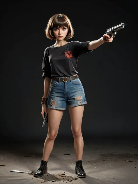 girl with a 44 magnum held in her hands pointing at the ground, 1 girl standing, short hair with bangs (full body: 1.5), hero po...