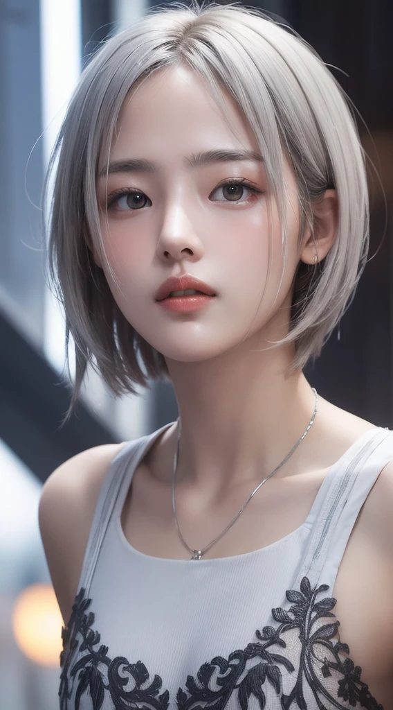 Realistic, Tabletop, highest quality, RAW Photos, One Girl, alone, Handsome Short Hair, Silver Hair、Detailed face, Attractive face, Race Queen, Medium Chest, Dynamic pose, View your audience, From below, Detailed Background, Fine details, Intricate details,  Ray Tracing, Written boundary depth, Modest, Hmph