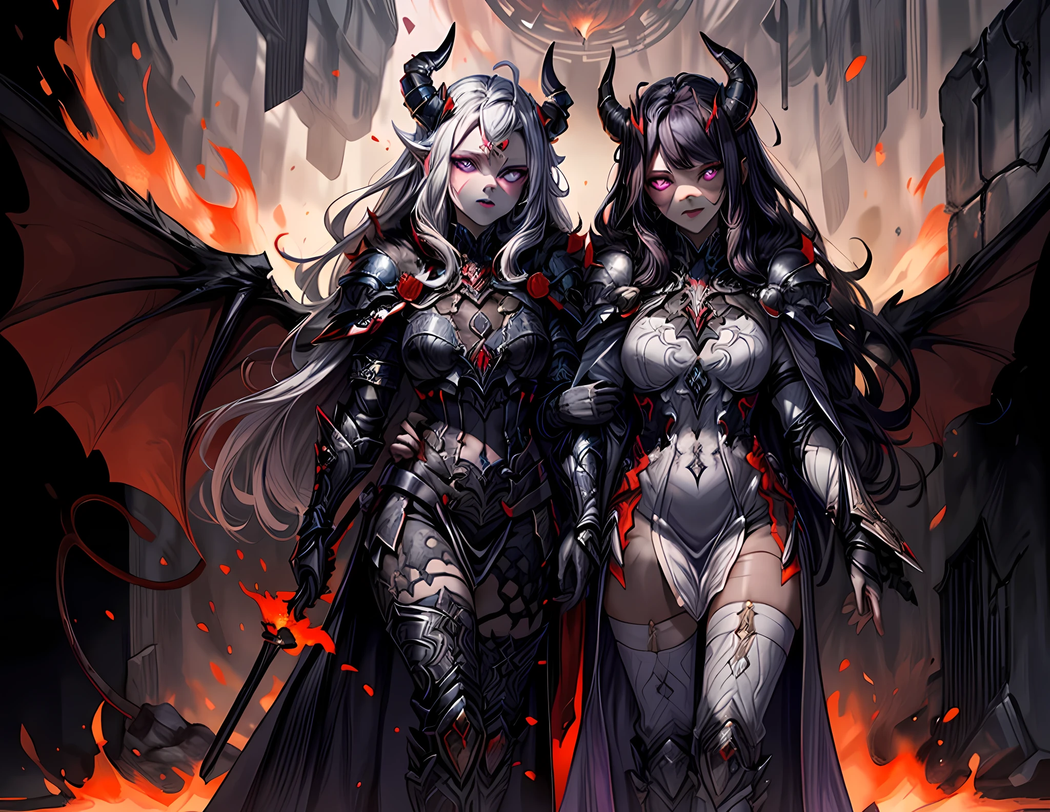 fantasy art, RPG art, masterpiece, a portrait picture o hellish female demon from hell, she has (black horns: 1.2), (black: 1.2) demon wings, (red: 1.3) skin, red lava dripping from her, she wears (white: 1.3) armor, (purple: 1.3) ArmoredDress, streams of rolling lava, hell in the background, 3d rendering, shadow wings