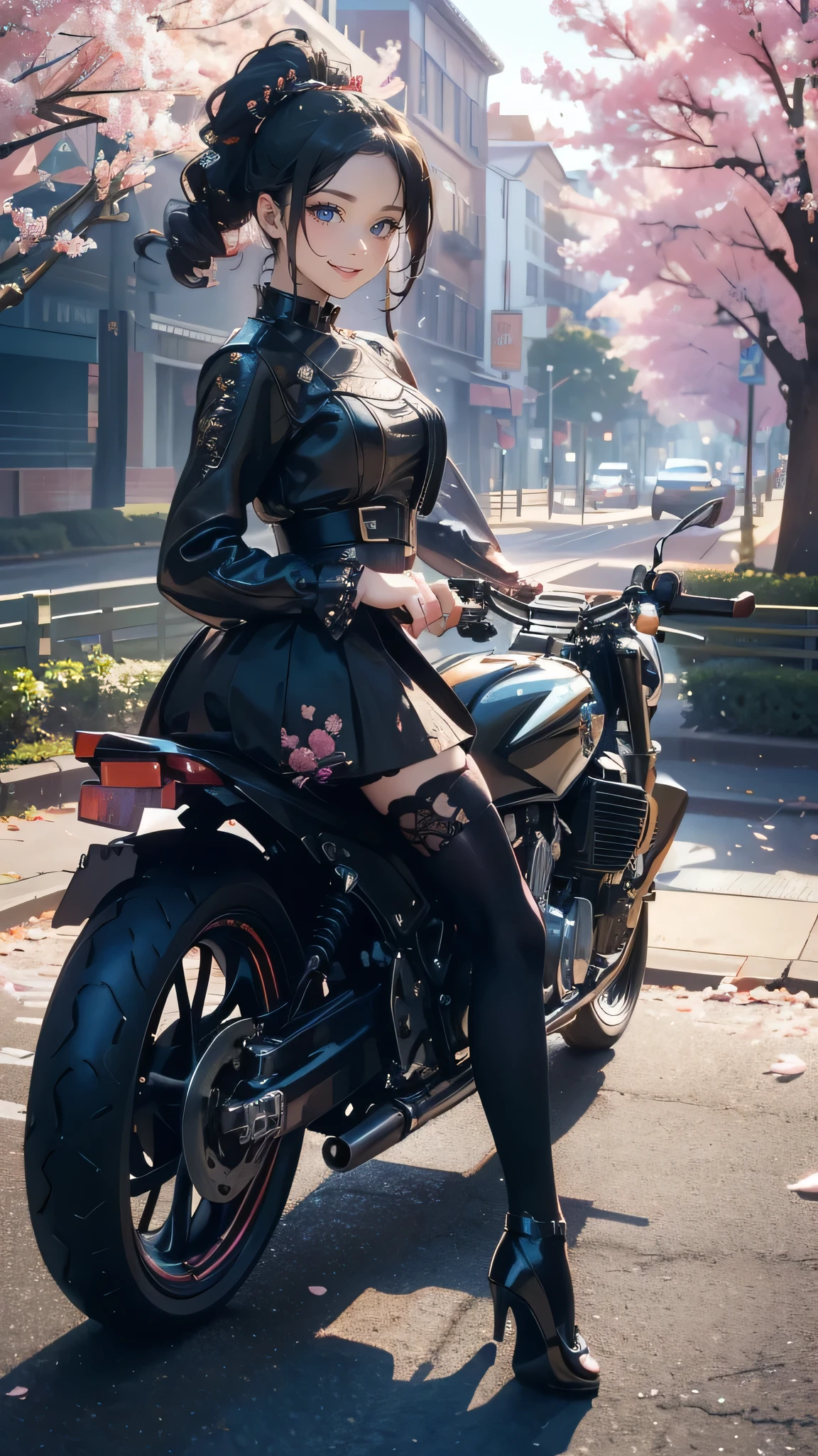 full body,(girl riding a motorcycle:1.2),A park where cherry blossoms dance,gothic lolita dress,(random cute pose),(random hairstyle),(Highest image quality,(8K), Ultra-realistic, Best Quality, High quality, High Definition, high quality texture, high detailing, Beautiful detailed, fine detailed, extremely details CG, Detailed texture, realistic representation of face, masterpiece, presence)