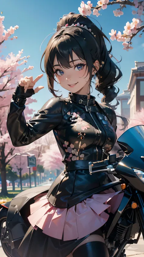 full body,(girl riding a motorcycle:1.2),A park where cherry blossoms dance,gothic lolita dress,(random cute pose),(random hairs...