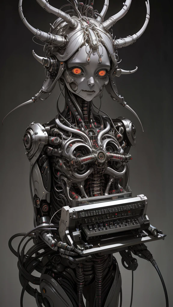 여성 로봇 조종사, 기계적인 생물, 전자 전선은 컴퓨터 신경을 중계합니다, 여자 얼굴, 디스토피아적 초현실주의, 알렉스 리스 즈지소프 벡신스키 기거, 매우 복잡한 세부 사항, 악마 중국 여성, 깊고 빛나는 눈에는 은하가 포함되어 있습니다, 머리에는 성운이 포함되어 있습니다, 깊은 미학, 컨셉 아트, 조각된 은 회로 다이오드 저항기 반도체, 매우 화려하다
