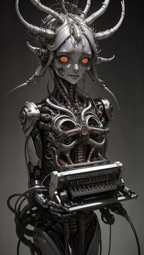 female robot pilot, mechanical creature, electronic wires relays computer nerves, girl face, dystopian surrealism, alex ries zdz...