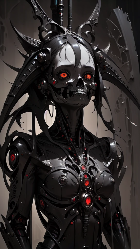 The prompt for the given theme is: "black color, ram's head, Death's scythe, infernal horror, overlooking, tattered clothes, downward gaze, illustrations, highres, ultra-detailed, dark fantasy, sharp focus, vivid colors, dramatic lighting, bokeh". female robot pilot, mechanical creature, electronic wires relays computer nerves, girl face, dystopian surrealism, alex ries zdzisaw beksinski giger, very intricate details, demon chinese female, deep luminous eyes contain galaxies, head contains nebula, deep aesthetic, concept art, carved silver circuits diodes resistors semiconductors, highly ornate