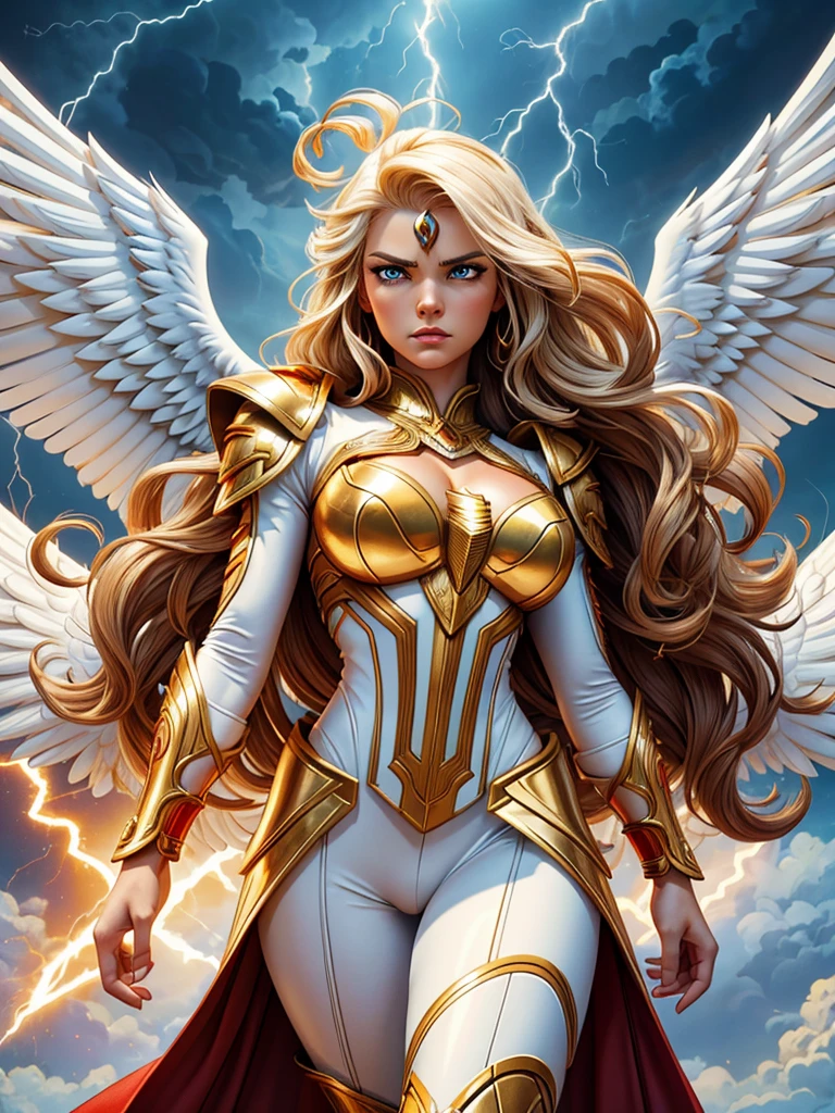 vectorial art style,glorious victory scene,vivid colors,beautiful vintage warrior female angel,beautiful angry face,curly long hair,very big white open wings,looking to with observer,white armor with gold embroid details, dynamic angle, storm sky and lightning clouds background