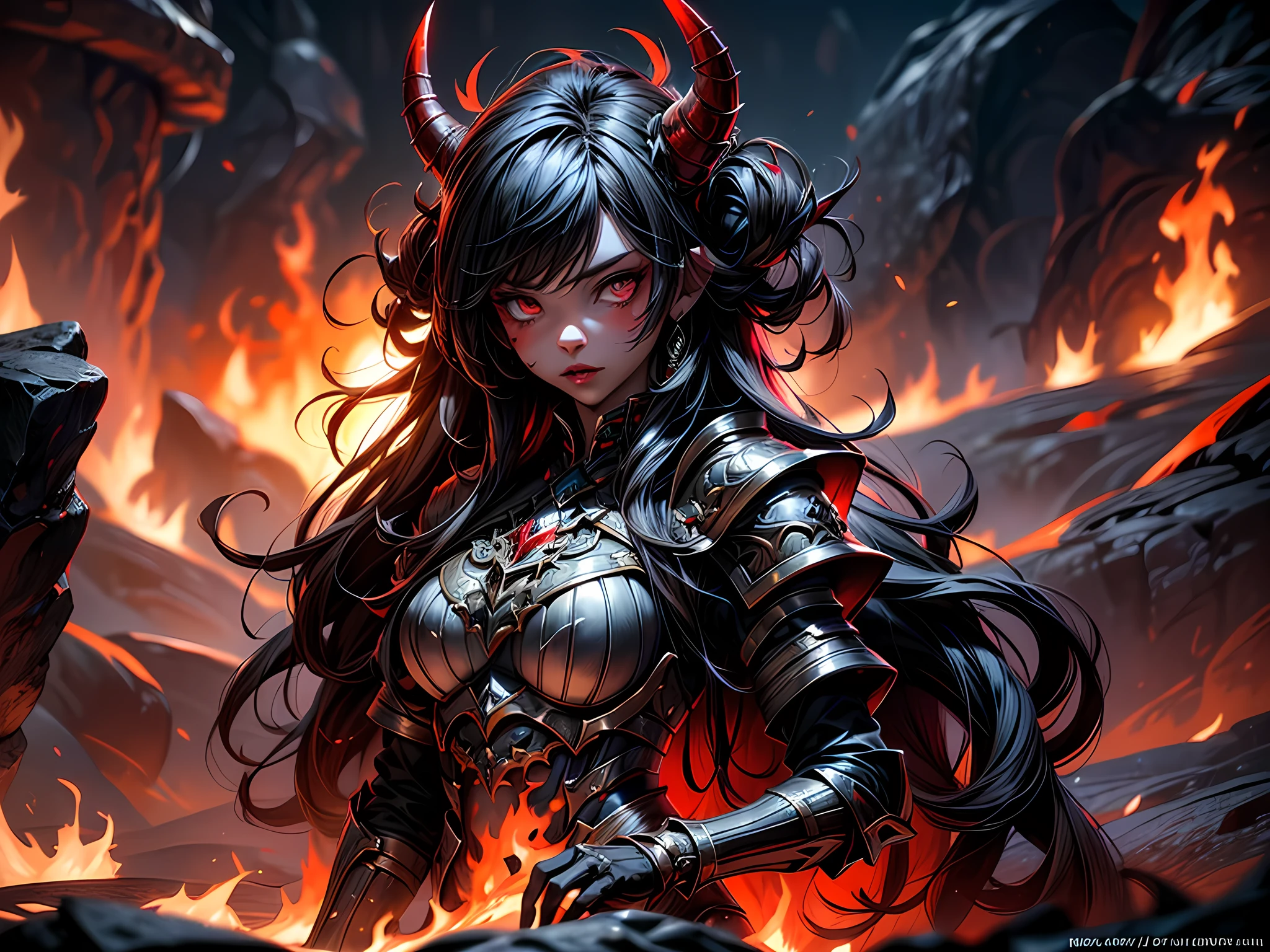 판타지 아트, RPG 아트, 걸작, 지옥에서 온 지옥 같은 여자 악마의 초상화 사진, 그녀는 가지고 있다 (검은색 horns: 1.2), (검은색: 1.2) 악마 날개, (빨간색: 1.3) 피부, 빨간색 lava dripping from her, 그녀는 입는다 (하얀색: 1.3) 갑옷, hdsrmr, 굴러가는 용암의 흐름, 지옥의 배경, 3D 렌더링