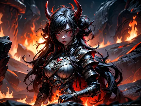 fantasy art, RPG art, masterpiece, a portrait picture o hellish female demon from hell, she has (black horns: 1.2), (black: 1.2)...