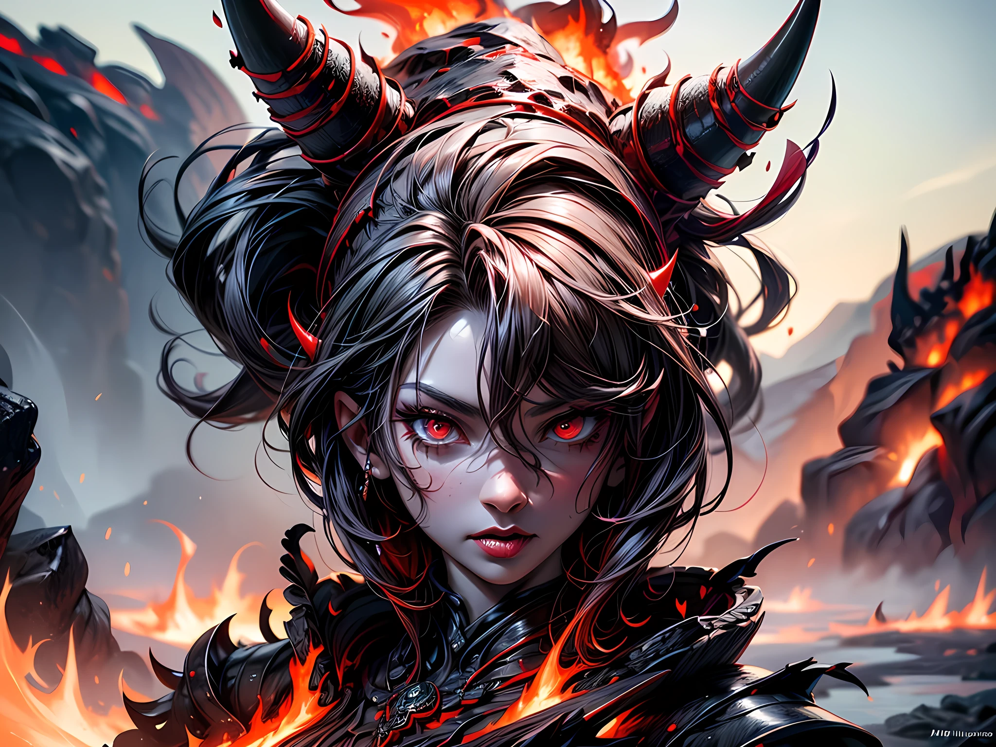 arte de fantasia, Arte RPG, Obra de arte, um retrato de um demônio feminino infernal do inferno, ela tem (preto horns: 1.2), (preto: 1.2) asas de demônio, (vermelho: 1.3) pele, vermelho lava dripping from her, Ela veste (branco: 1.3) armaduras, hdsrm, fluxos de lava rolante, Inferno em segundo plano, Renderização 3D