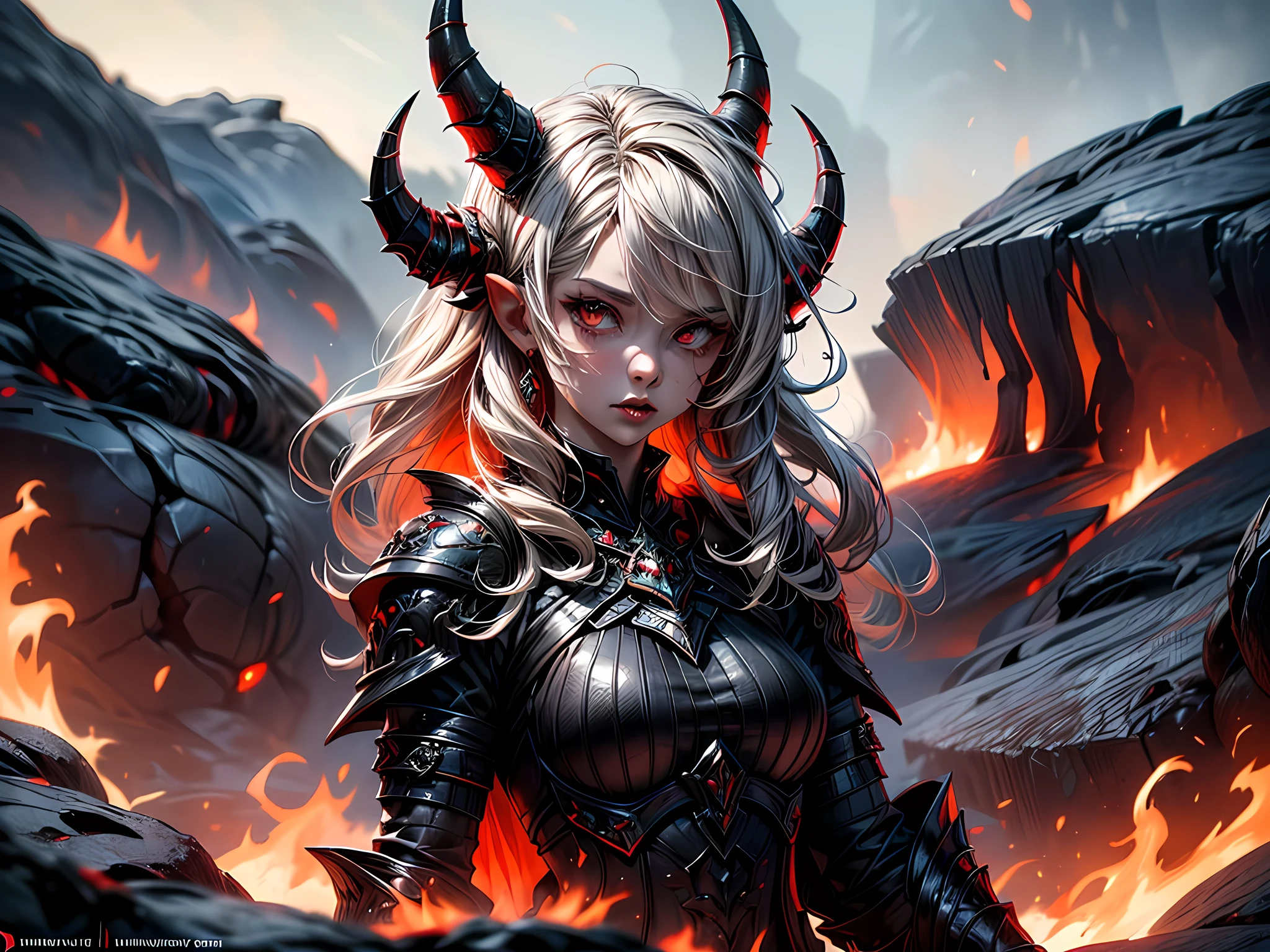幻想艺术, RPG 艺术, 杰作, 来自地狱的地狱女恶魔肖像画, 她有 (黑色的 horns: 1.2), (黑色的: 1.2) 恶魔之翼, (红色的: 1.3) 皮肤, 红色的 lava dripping from her, 她穿着 (白色的: 1.3) 盔甲, hdsrmr, 滚滚的熔岩流, 背景中的地狱, 3D 渲染