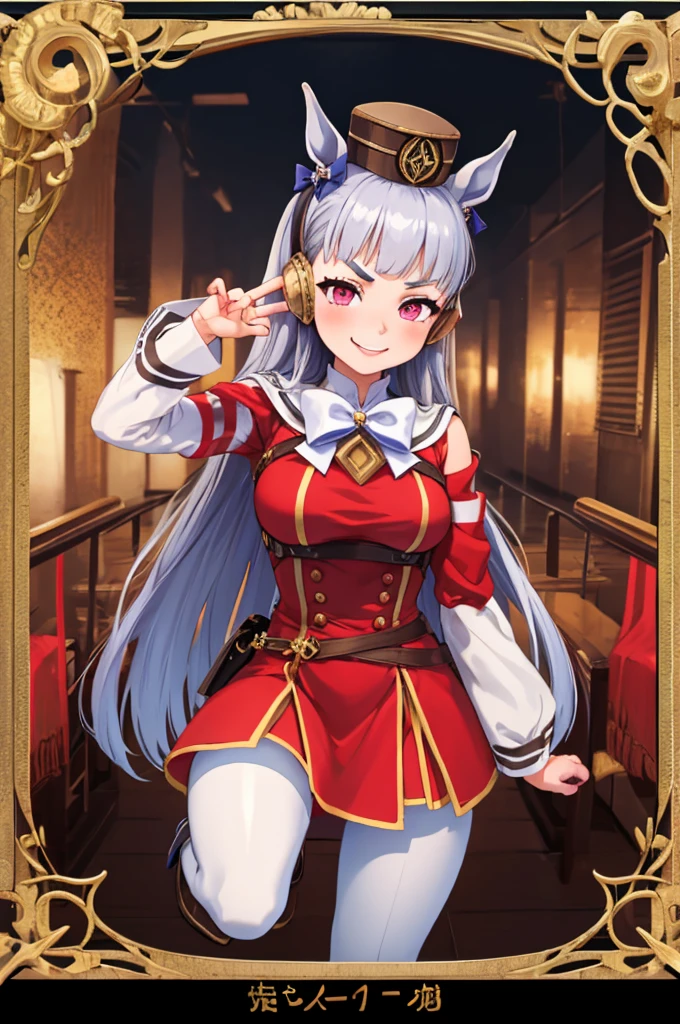 (masterpiece, highest quality:1.2), alone, One girl, umpd gold ship, smile, View your viewers, Incrs Head Grab POV, pillbox hat, V-shaped eyebrows, Red dress, bow, No sleeve, White Pantyhose, boots, Horse tail 