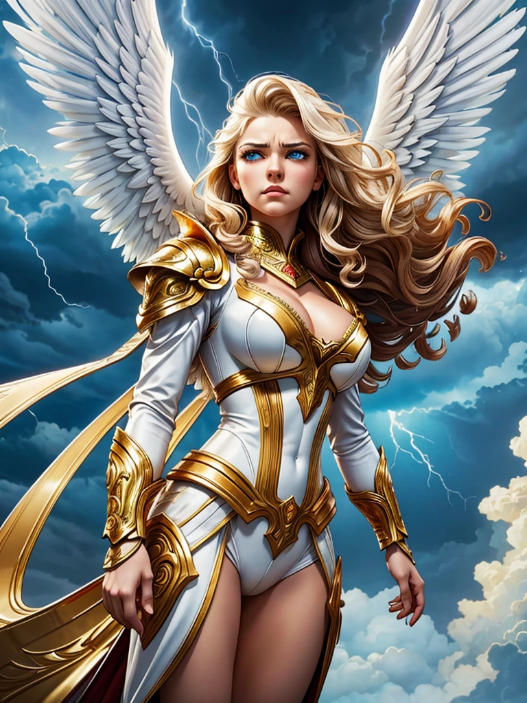 glorious victory scene,vivid colors,beautiful vintage warrior female angel,beautiful angry face,curly long hair,very big white open wings,looking to with observer,white armor with gold embroid details, dynamic angle, storm sky and lightning clouds background