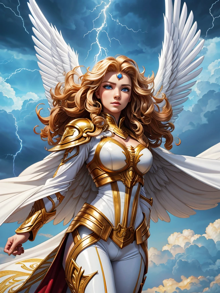 glorious victory scene,vivid colors,beautiful warrior female,beautiful surprised face,curly long hair,very big white open wings,looking to with observer,white armor with gold embroid details, dynamic angle, storm sky and lightning clouds background