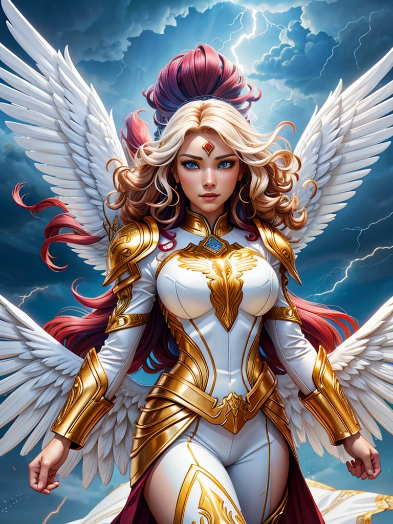 glorious victory scene,vivid colors,beautiful warrior female,beautiful surprised face,curly long hair,very big white open wings,looking to with observer,white armor with gold embroid details, dynamic angle, storm sky and lightning clouds background