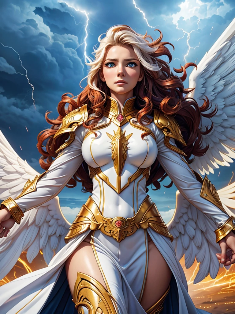 glorious victory scene,vivid colors,beautiful warrior female,beautiful surprised face,curly long hair,very big white open wings,looking to with observer,white armor with gold embroid details, dynamic angle, storm sky and lightning clouds background