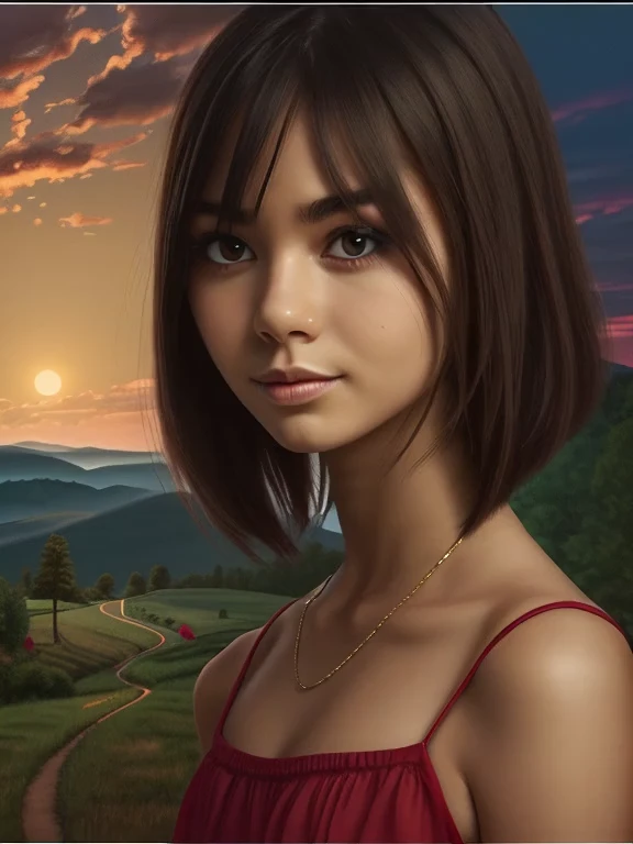 [[(front full portrait: young Vanessa Anne Hudgens (solo) with big eyes and a short hair oblique bob, apple)((Nicola da Urbino style))])):20]/[background: landscape
 Renaissance, old canva, (scarlet sunset), ((landscape style Alexey Savrasov:1,6))]/[very colorful,((oil painting palette knife))((masterpiece)),((highest detail))]]