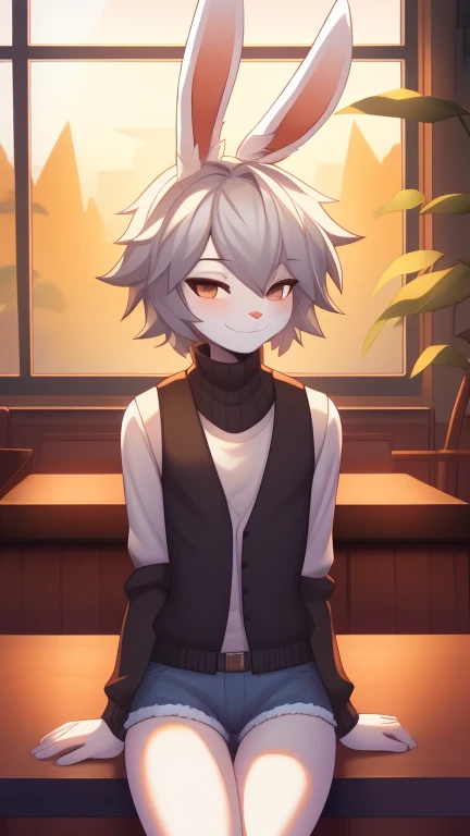 Best quality, super detailed illustration, warm colors, Ideal lighting, (Fluffy bunny boy:1.4), white fur ,feminine face and body, disheveled thick gray hair, short shorts,  Long-sleeved sweater, vest, sitting in a cafe by the window, smug smile, half-closed eyes , Femboy,  slim, perfect body, DND style