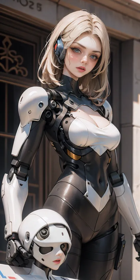 there is a woman in a robot suit posing next to an ancient building, beautiful white girl half cyborg, cute cyborg girl, beautif...