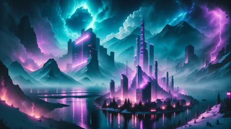 retrowave city in the mountains