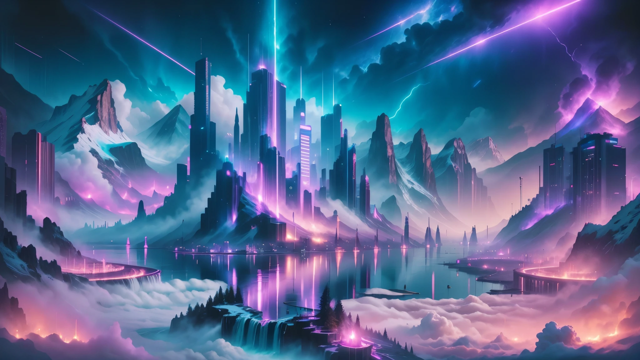 retrowave city in the mountains