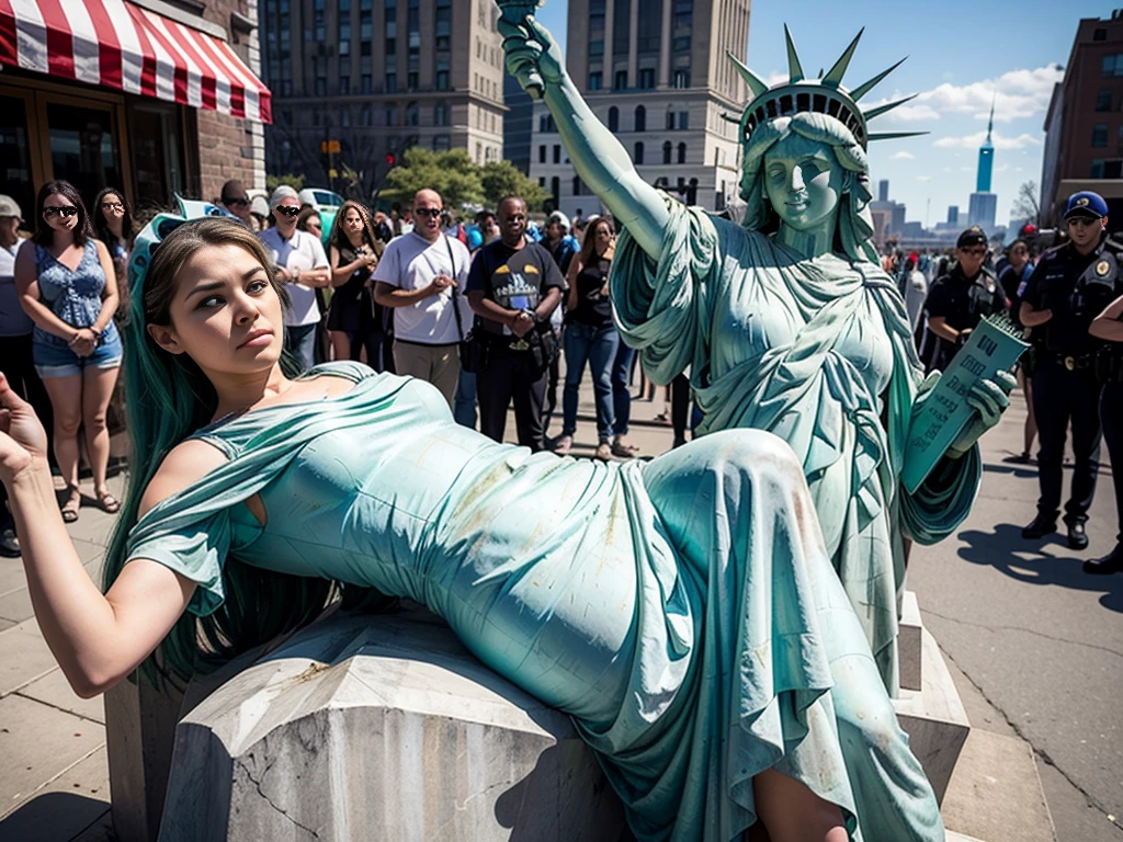 Um policial coloca o joelho no pescoço da Estátua da Liberdade reclinada (Senhora Liberdade). Pessoas ao redor assistem à cena.