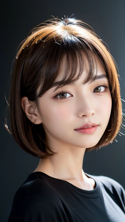 (((Close-up of face)))、(((Absolutely shoulder-length brown straight short bob)))、(((She is posing like a hair salon model, with a black wall indoors as the background.)))、(((Casual black winter long sleeves with shoulders covered)))、Half Japanese, half Korean、18 year old girl、Standing Alone、Looking forward、Light eye makeup、Brown Hair Color、Flat and 、Hair blowing in the wind、Actress Quality、Glossy, ultra-realistic face、Smiling face、Watery eyes、Gazing Up、Subtle lighting effects、 Ultra-Realistic Capture、Very detailed、High resolution 16K close up of human skin。Skin texture must be natural、The details must be such that pores can be clearly seen、The skin is healthy、Uniform tone、Use natural light and colors、A worn-out, high-quality photo taken by a model agency&#39;s in-house photographer.、smile、(((SIGMA 300 mm F/1.4,1/1000 sec shutter,ISO 400))) 