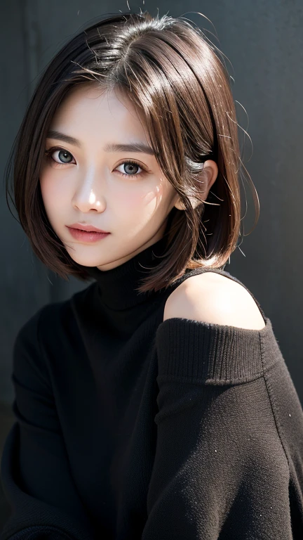 (((Close-up of face)))、(((Absolutely shoulder-length brown straight short bob)))、(((She is posing like a hair salon model, with a black wall indoors as the background.)))、(((Casual black winter long sleeves with shoulders covered)))、Half Japanese, half Korean、18 year old girl、Standing Alone、Looking forward、Light eye makeup、Brown Hair Color、Flat and 、Hair blowing in the wind、Actress Quality、Glossy, ultra-realistic face、Smiling face、Watery eyes、Gazing Up、Subtle lighting effects、 Ultra-Realistic Capture、Very detailed、High resolution 16K close up of human skin。Skin texture must be natural、The details must be such that pores can be clearly seen、The skin is healthy、Uniform tone、Use natural light and colors、A worn-out, high-quality photo taken by a model agency&#39;s in-house photographer.、smile、(((SIGMA 300 mm F/1.4,1/1000 sec shutter,ISO 400))) 