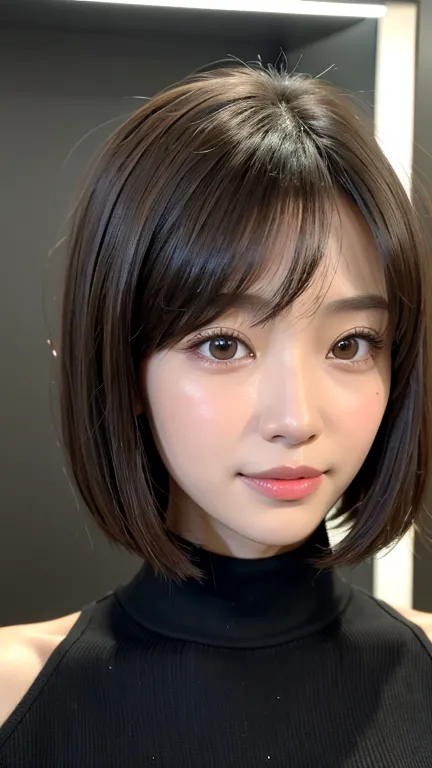 (((Close-up of face)))、(((Absolutely shoulder-length brown straight short bob)))、(((She is posing like a hair salon model, with ...