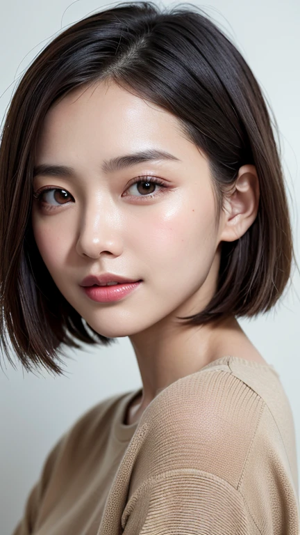 (((Close-up of face)))、(((Absolutely shoulder-length brown straight short bob)))、(((She is posing like a hair salon model, with a black wall indoors as the background.)))、(((Casual black winter long sleeves with shoulders covered)))、Half Japanese, half Korean、18 year old girl、Standing Alone、Looking forward、Light eye makeup、Brown Hair Color、Flat and 、Hair blowing in the wind、Actress Quality、Glossy, ultra-realistic face、Smiling face、Watery eyes、Gazing Up、Subtle lighting effects、 Ultra-Realistic Capture、Very detailed、High resolution 16K close up of human skin。Skin texture must be natural、The details must be such that pores can be clearly seen、The skin is healthy、Uniform tone、Use natural light and colors、A worn-out, high-quality photo taken by a model agency&#39;s in-house photographer.、smile、(((SIGMA 300 mm F/1.4,1/1000 sec shutter,ISO 400))) 